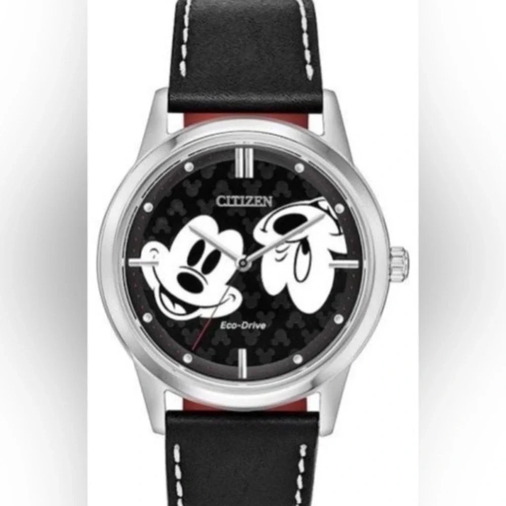 Citizen Mickey Mouse FE7060 Eco-Drive Black Leather Strap Stainless Steel Watch
